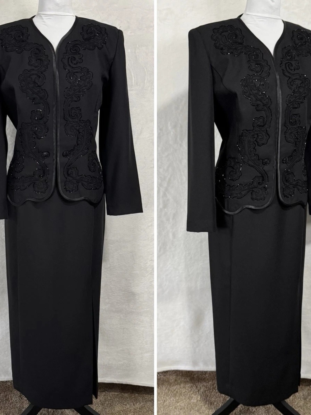 VTG Formal Faux Jacket Dress Maxi Size 16 Petite Embroidered Black Tie Elegant